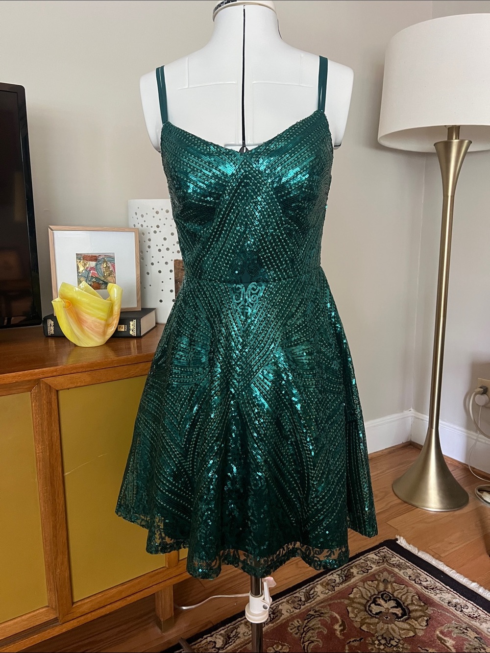 Emerald Green Sequin Spaghetti-Strap Mini Dress